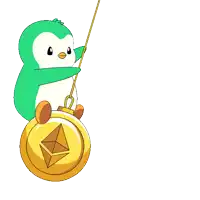 a green penguin is hanging from a gold coin with an ethereum logo on it