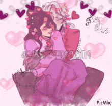 a drawing of a man and a woman hugging with hearts and music notes behind them