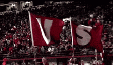 a crowd of people in a stadium holding red and white flags with the letter u on them