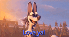 a cartoon wolf is smiling and says love ya !