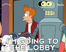 a futurama cartoon shows fry pushing a polar bear in a stroller