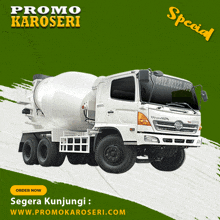 a concrete mixer truck is advertised on a green background