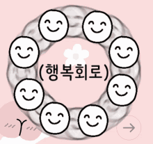 a circle of smiley faces with a flower in the middle and a pink background