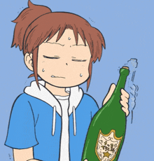 a cartoon of a girl holding a bottle of dom perignon champagne