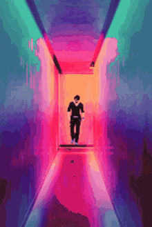 a pixel art of a man walking down a hallway