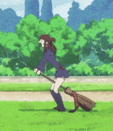 a girl is flying on a broom in a field .