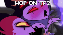 a cartoon character with the words hop on tf2 written on it