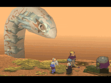 a group of people are standing in front of a large snake
