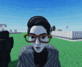 a cartoon character with glasses and a surprised look on his face is standing in the grass