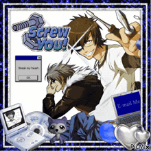 a picture of two anime characters with the words screw you