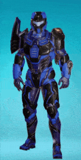 a blue and black armored figure with a shield