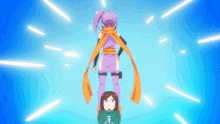 a girl in a purple and orange outfit is standing next to a girl in a green hoodie