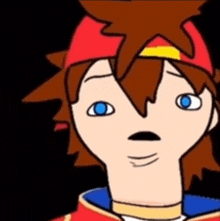 a cartoon character with brown hair and blue eyes making a funny face