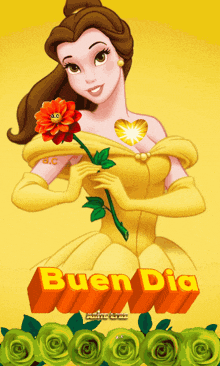 a picture of belle from beauty and the beast with the words buen dia below