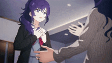 a girl with purple hair holds her hands on her chest