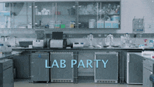 a lab with the words lab party written in blue
