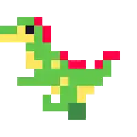 a pixel art drawing of a green , yellow , and red dinosaur .