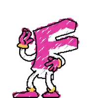 a pixel art drawing of a pink letter f with arms and legs .