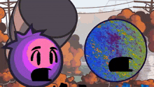 a cartoon of a purple and a blue ball with faces on them