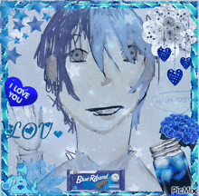 a drawing of a boy with blue hair and a blue riband bar