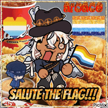 a cartoon character holding a flag with the words salute the flag written on it