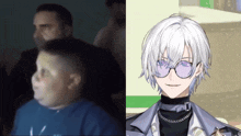 a picture of a boy next to a picture of a boy with white hair and purple eyes