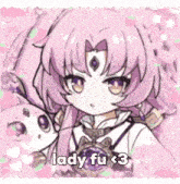a girl with purple hair and the words lady fu < 3 on the bottom