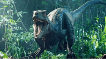 a dinosaur with its mouth open is walking through the woods