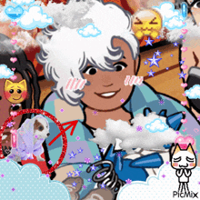 a cartoon drawing of a girl with white hair and a cat with the word picmix on the bottom right