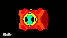 a cartoon drawing of a red and yellow object with a white circle in the middle