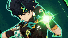 a cartoon character with a green light coming out of his hand