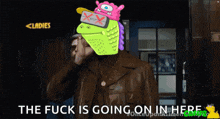 a man in a leather jacket says the fuck is going on in here on a screen