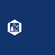 a blue background with a microscope a beaker and the letter e