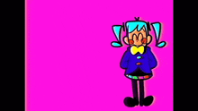 a cartoon girl with blue hair and glasses is standing on a pink background .