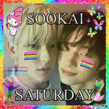 a picture of two boys with rainbow stickers on their faces and the words sookai saturday