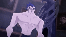 a cartoon character without a shirt stands in front of a statue
