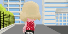 a cartoon doll is walking down a street in front of buildings