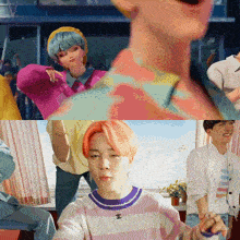 a group of people are dancing in a room and one of them is wearing a sweater with a chanel logo on it
