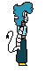 a pixel art drawing of a cartoon character with a blue head and arms .
