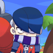 a cartoon character with a scarf around his neck has a skull on his shirt