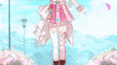 a girl is holding a pink wand with a star on it .