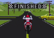 a pixel art of a person on a motorcycle in front of a sign that says " finished "