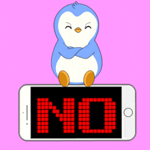 a penguin is sitting on top of a cell phone with the word mod on it