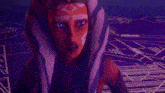 a close up of a cartoon character with purple hair