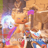 a video game screen shows a cat with wings and the words " hop on overwatch 2 "