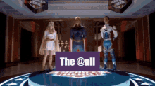 a group of superheros are standing in front of a sign that says the @ all