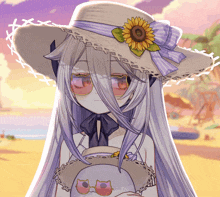 a girl with long white hair wearing a straw hat with a sunflower on it