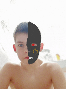 a boy without a shirt has a drawing of a robot on his face