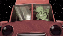 a cartoon character is driving a red car with hearts on the windshield