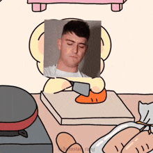 a cartoon of a man cutting a piece of meat
